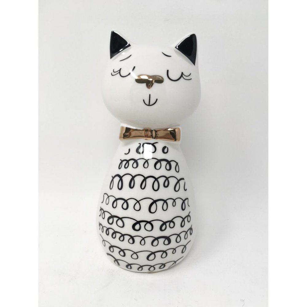 Dekorative Katze mit Schleife für Katzenliebhaber Sparschwein Spardose Haustier Katzenlieb weiß gold schwarz