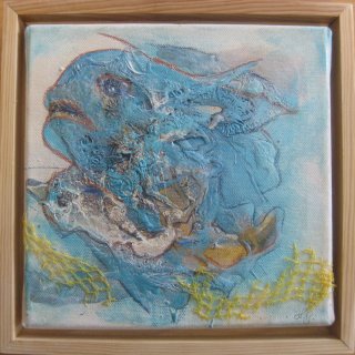 Blue Fish 20 x 20 cm Acryl - Collage auf Keilrahmen im Schattenfugenrahmen