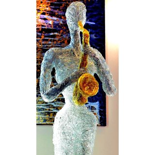 Design Skulptur - Musikerin mit Saxophon - Aluminium silber /gold In-Outdoor