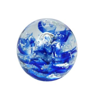 Traumkugel, Glaskugel, Briefbeschwerer, Wunschkugel klar-blaue Streifen 7,0 cm