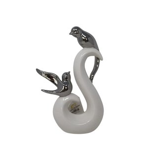 Schöne weiße Skulptur Bird mit zwei silbernen Vögeln Deko Frühling