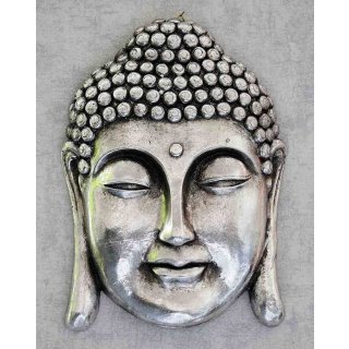 Wanddeko Buddha, Poly, antik-silber H. 38 cm, B. 28 cm