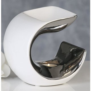 Moderne Duftlampe Aromabrenner Curve aus Keramik weiß/Silber 14x14x10 cm