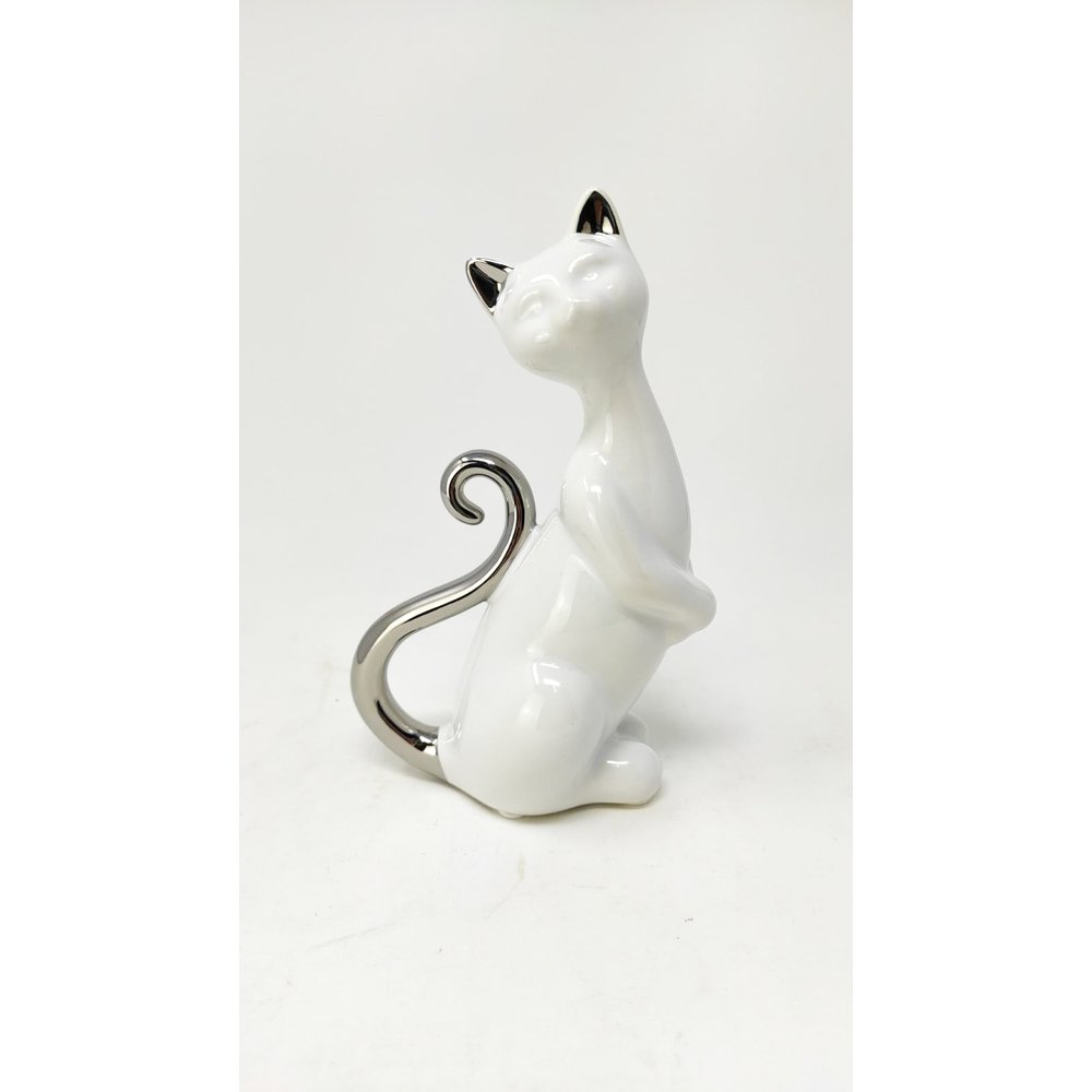 Figur Katze Milly Keramik weiß/glasiert silbernem Schwanz/Ohren stehend B 10 ...