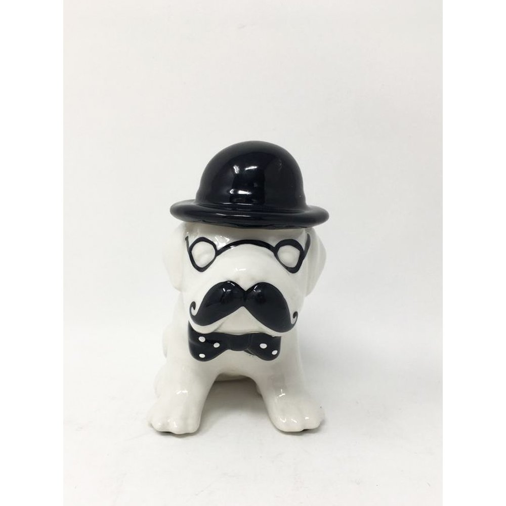 Stylische Französische Bulldogge mit Fliege Brille Schnurrbart und Hut Dekofigur Gentleman Hunderasse Hundebesitzer Hundeliebhaber