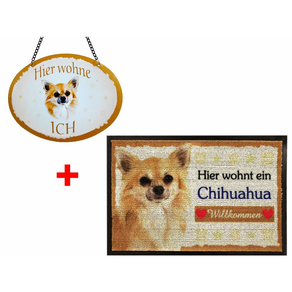 SET Fußmatte + Türschild Chihuahua, Türmatte, Türvorleger, Türschild, Blechschild