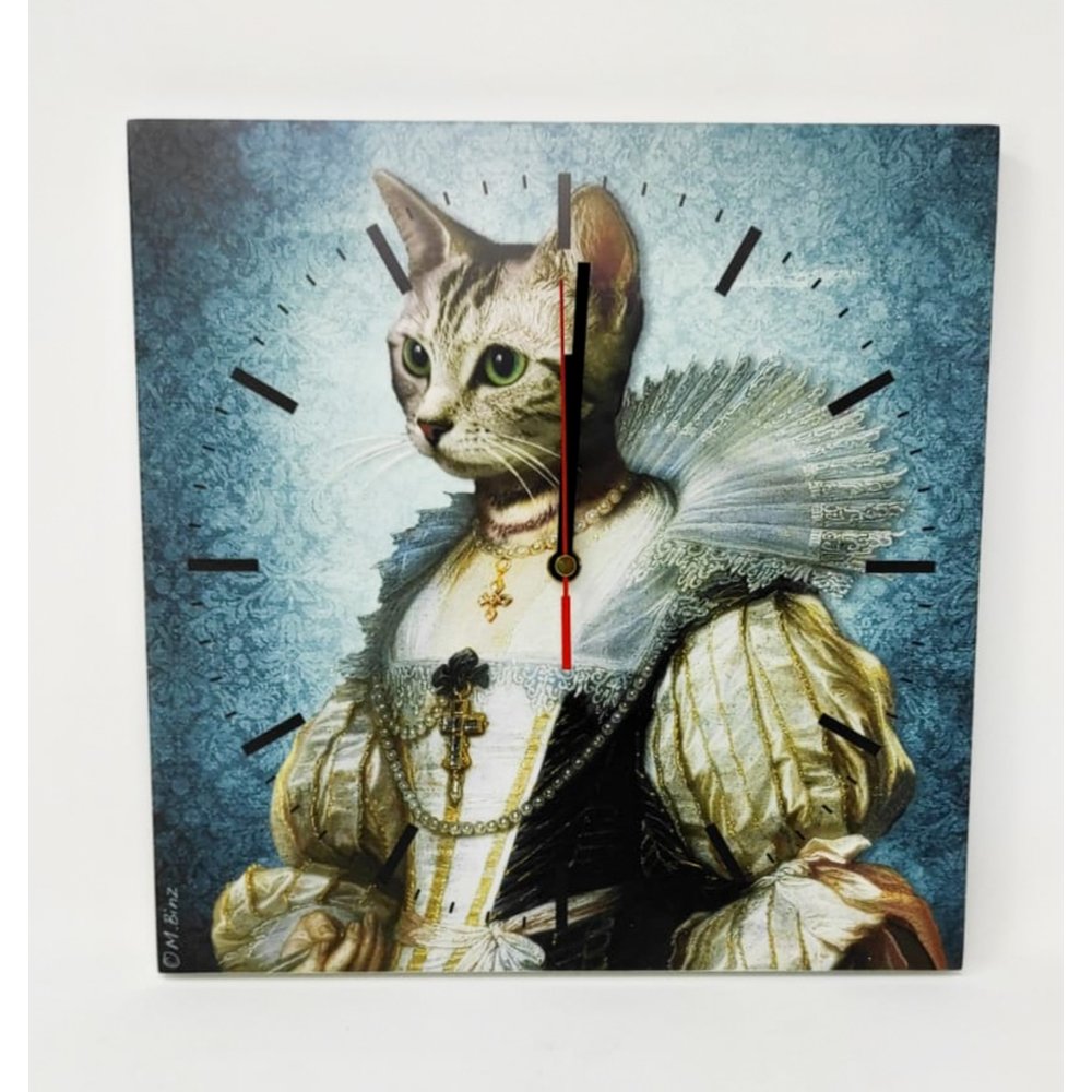 Wanduhr, 28 x 28 cm, Katze blau Prinzessin Königin Katzenliebe Uhr Katzenuhr [Haushaltswaren]